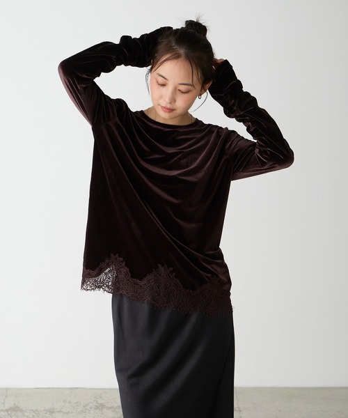 forksy.(フォルクシー)の「【forksy.】<エブリデイシリーズ>レースヘム ギャザースリーブカットソー / ドット・ベロア(Tシャツ/カットソー・レディース・ブラウン/ナチュラル/ホワイト系/ブラック/ブラック系・FREE)」の4枚目の写真