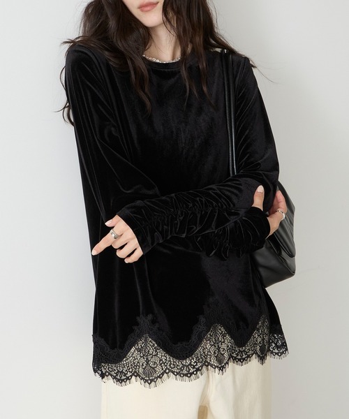 forksy.(フォルクシー)の「【forksy.】<エブリデイシリーズ>レースヘム ギャザースリーブカットソー / ドット・ベロア(Tシャツ/カットソー・レディース・ブラウン/ナチュラル/ホワイト系/ブラック/ブラック系・FREE)」の1枚目の写真