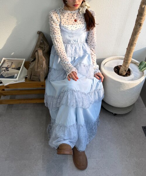 w closet(ダブルクローゼット)の「レースティアードキャミワンピース(ワンピース・レディース・ブラック/カーキ/ブルー/オフホワイト・FREE)」の18枚目の写真