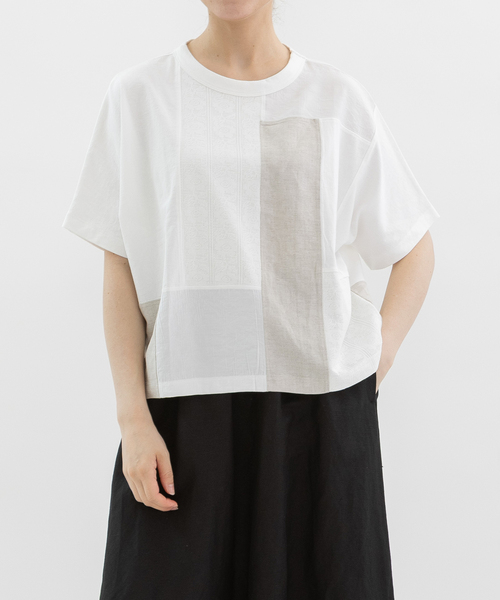 nop de nod(ノップドゥノッド)の「Cloche misc布帛パッチワークTシャツ(Tシャツ/カットソー・レディース・ブラック/オフホワイト・M)」の1枚目の写真
