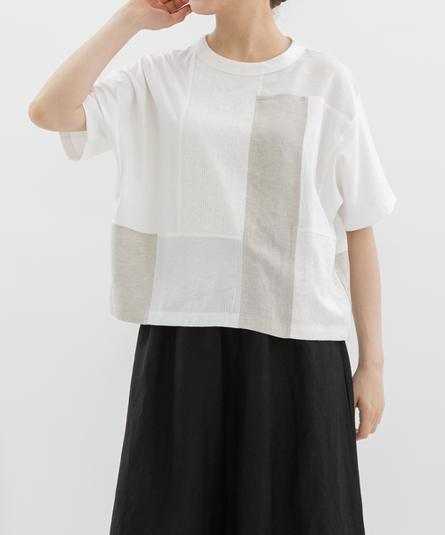 nop de nod(ノップドゥノッド)の「Cloche misc布帛パッチワークTシャツ(Tシャツ/カットソー・レディース・ブラック/オフホワイト・M)」の6枚目の写真