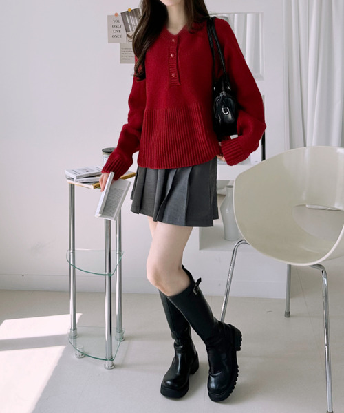 Ada.(エイダ)の「ヘンリーボタン リブ切替 ニット プルオーバー(ニット/セーター・レディース・グレー/レッド/ホワイト・FREE)」の18枚目の写真