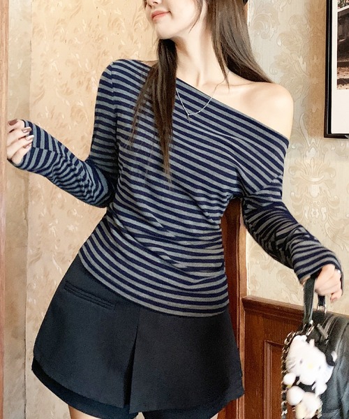 HALEY PESCA(ヘーリーペスカ)の「HALEY PESCA/ワンショルダーボーダーロングスリーブトップス(Tシャツ/カットソー・レディース・ダークグレー・MEDIUM)」の1枚目の写真