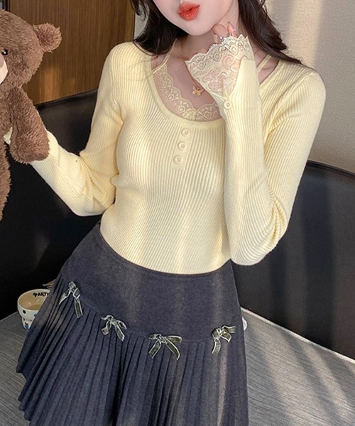 ReRe(リリ)の「レースレイヤード風リブニットプルオーバー(ニット/セーター・レディース・ホワイト/ブラック/オートミール/ダークグレー/イエロー/ベージュ・FREE)」の22枚目の写真