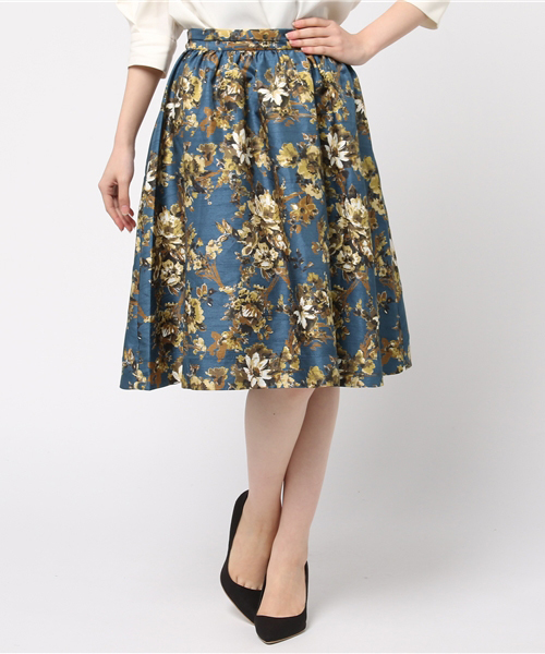 laboratory work（ラボラトリーワーク）の「バックサテンシャンタン配色花柄スカート（スカート・レディース・イエロー系その他/ネイビー・MEDIUM）」の6枚目の写真