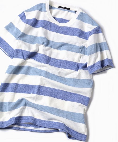 SHIPS(シップス)の「SC: MADE IN JAPAN ミニパイル/ボーダー ポケット Tシャツ□(Tシャツ/カットソー・メンズ・レッド/グリーン/ライトブルー/ベージュ/ブルー/ネイビー・LARGE/MEDIUM/SMALL/X-LARGE)」の1枚目の写真