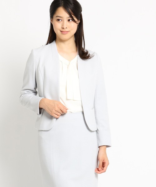 Sunauna(スーナウーナ)の「ライトジャージノーカラージャケット(ノーカラージャケット・レディース・ライトグレー/ネイビー・36/38/40)」の1枚目の写真
