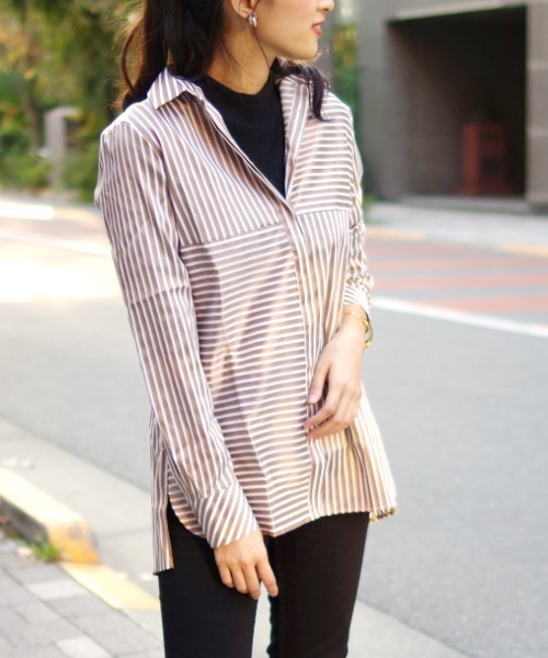 NARACAMICIE（ナラカミーチェ）の「ミラノストライプビックチュニックシャツ（シャツ/ブラウス・レディース・ベージュ/ボルドー/ネイビー・SMALL/LARGE/MEDIUM）」の20枚目の写真