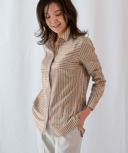 NARACAMICIE（ナラカミーチェ）の「ミラノストライプビックチュニックシャツ（シャツ/ブラウス・レディース・ベージュ/ボルドー/ネイビー・SMALL/LARGE/MEDIUM）」の21枚目の写真