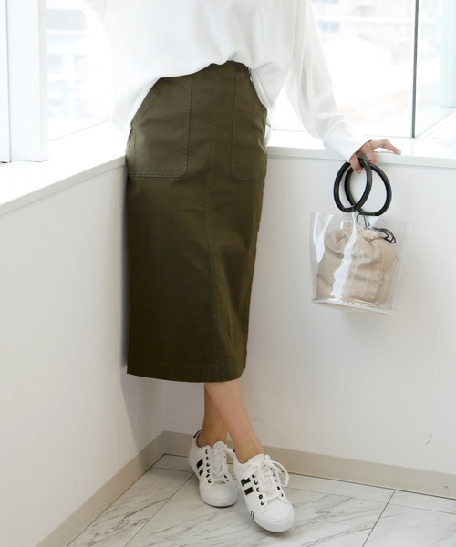 classicalelf（クラシカルエルフ）の「ベイカーストレッチ無地タイトコットンロングスカート（ロング・マキシ丈）（スカート・レディース・ベージュ/カーキ・SMALL/MEDIUM/LARGE/X-LARGE）」の17枚目の写真
