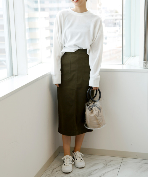 classicalelf（クラシカルエルフ）の「ベイカーストレッチ無地タイトコットンロングスカート（ロング・マキシ丈）（スカート・レディース・ベージュ/カーキ・SMALL/MEDIUM/LARGE/X-LARGE）」の19枚目の写真