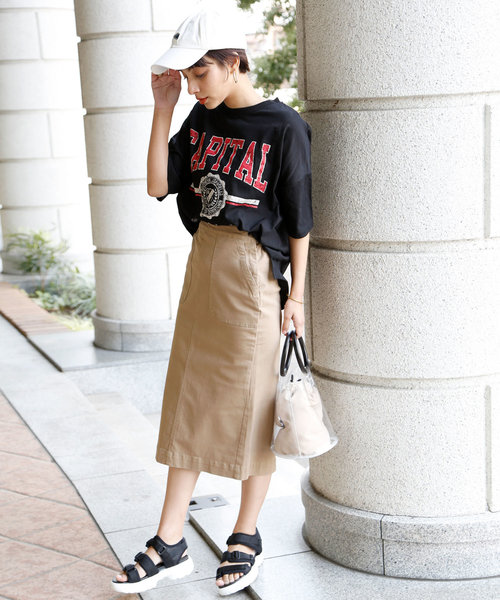 classicalelf（クラシカルエルフ）の「ベイカーストレッチ無地タイトコットンロングスカート（ロング・マキシ丈）（スカート・レディース・ベージュ/カーキ・SMALL/MEDIUM/LARGE/X-LARGE）」の9枚目の写真