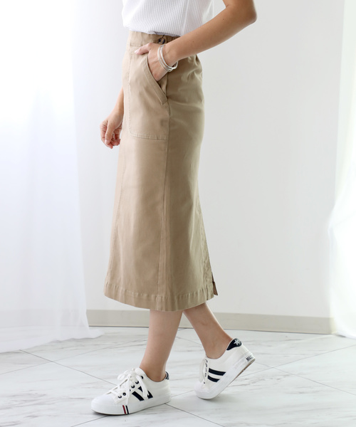 classicalelf（クラシカルエルフ）の「ベイカーストレッチ無地タイトコットンロングスカート（ロング・マキシ丈）（スカート・レディース・ベージュ/カーキ・SMALL/MEDIUM/LARGE/X-LARGE）」の4枚目の写真