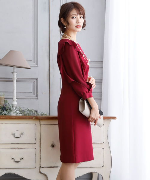PourVous（プールヴー）の「ミニ丈&七分袖 ワンピースドレスフリル袖 大きいサイズ 結婚式 フォーマル オケージョンドレス お呼ばれ 二次会 成人式 （ドレス・レディース・ネイビー/ワインレッド・4L/S/M/L/XL/XXL）」の4枚目の写真