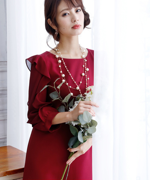 PourVous（プールヴー）の「ミニ丈&七分袖 ワンピースドレスフリル袖 大きいサイズ 結婚式 フォーマル オケージョンドレス お呼ばれ 二次会 成人式 （ドレス・レディース・ネイビー/ワインレッド・4L/S/M/L/XL/XXL）」の6枚目の写真