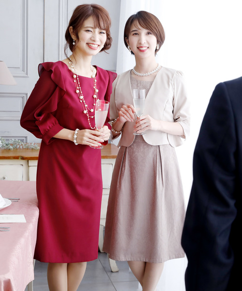 PourVous（プールヴー）の「ミニ丈&七分袖 ワンピースドレスフリル袖 大きいサイズ 結婚式 フォーマル オケージョンドレス お呼ばれ 二次会 成人式 （ドレス・レディース・ネイビー/ワインレッド・4L/S/M/L/XL/XXL）」の8枚目の写真