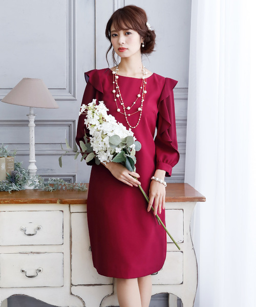 PourVous（プールヴー）の「ミニ丈&七分袖 ワンピースドレスフリル袖 大きいサイズ 結婚式 フォーマル オケージョンドレス お呼ばれ 二次会 成人式 （ドレス・レディース・ネイビー/ワインレッド・4L/S/M/L/XL/XXL）」の10枚目の写真