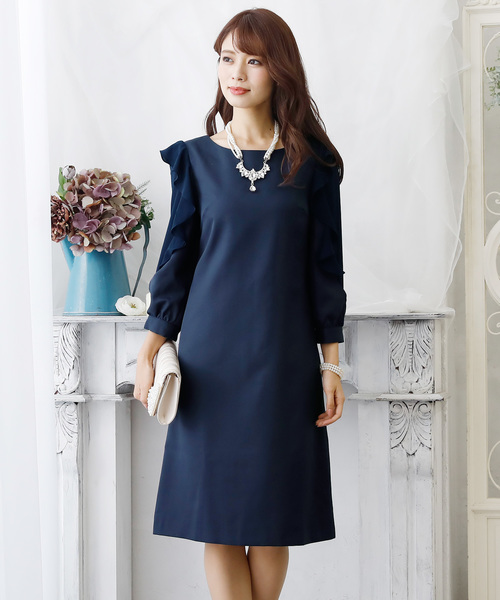 PourVous（プールヴー）の「ミニ丈&七分袖 ワンピースドレスフリル袖 大きいサイズ 結婚式 フォーマル オケージョンドレス お呼ばれ 二次会 成人式 （ドレス・レディース・ネイビー/ワインレッド・4L/S/M/L/XL/XXL）」の11枚目の写真