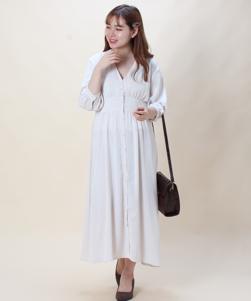 TRUDEA(トルディア)の「フロントボタン ギャザーロングワンピース(シャツワンピース・レディース・ホワイト/ネイビー/ピンク・MEDIUM)」の1枚目の写真