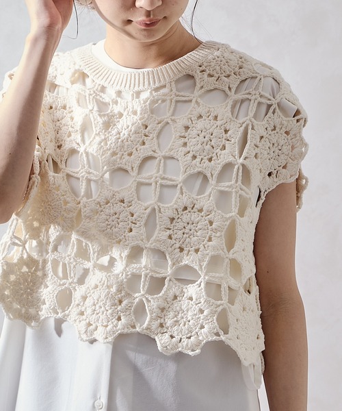 acro（アクロ）の「かぎ針編みフレンチスリーブニットトップス/AC1033（ニット/セーター・レディース・ホワイト/オレンジ/グリーン/ブルー/イエロー/グレー/ブラック・ﾌﾘ-）」の16枚目の写真