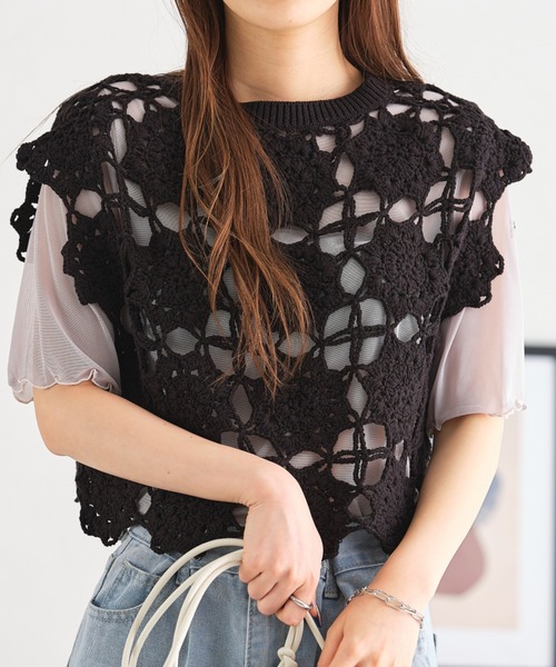 acro（アクロ）の「かぎ針編みフレンチスリーブニットトップス/AC1033（ニット/セーター・レディース・ホワイト/オレンジ/グリーン/ブルー/イエロー/グレー/ブラック・ﾌﾘ-）」の14枚目の写真