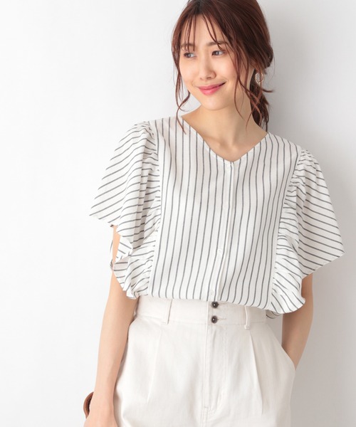 GLOBAL WORK（グローバルワーク）の「フレンチリネン混フリルブラウス/942769（シャツ/ブラウス・レディース・ホワイト/ブラック/ベージュ系その他/ブルー系その他/グレー系その他7・MEDIUM/LARGE）」の5枚目の写真