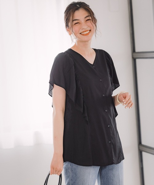 GLOBAL WORK（グローバルワーク）の「フレンチリネン混フリルブラウス/942769（シャツ/ブラウス・レディース・ホワイト/ブラック/ベージュ系その他/ブルー系その他/グレー系その他7・MEDIUM/LARGE）」の3枚目の写真