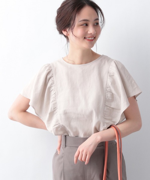 美品 ルネ 日本製 リネン混 光沢感 フリル フレンチスリーヴ ブラウス 青 7ed925ae99eea42e60d93d52449fee