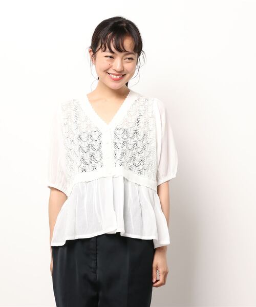 ehka sopo（エヘカソポ）の「透かし編みニットベストドッキングブラウス（シャツ/ブラウス・レディース・ブラック/グレー/オフホワイト/ベージュ・ﾌﾘ-）」の20枚目の写真