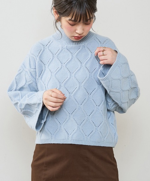 natural couture(ナチュラルクチュール)の「アイレットアーガイルハイネックニット(ニット/セーター・レディース・ブラック/オフホワイト/サックスブルー/ピンクベージュ・FREE)」の12枚目の写真