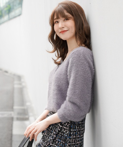 FEERICHELU（フェリーシェル）の「ニット 襟レース シャギーヤーン 2WAY FEERICHELU（ニット/セーター・レディース・ブルーグレー/チャコール/パープル系その他/ベージュ系その他・M/S）」の2枚目の写真