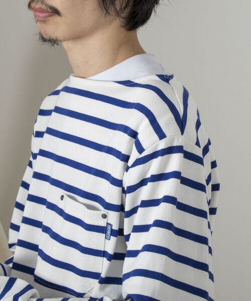 GEVACO（ゲバコ）の「【GEVACO/ゲバコ】オープンエンド度詰め天竺 ボーダー長袖ボートネックTシャツ（Tシャツ/カットソー・メンズ・ホワイト×ブルー/ホワイト×ネイビー/ネイビー×ホワイト・SMALL/MEDIUM/LARGE）」の2枚目の写真
