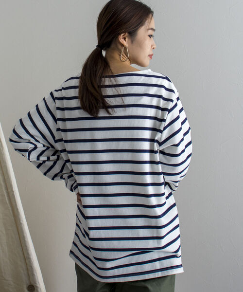 GEVACO（ゲバコ）の「【GEVACO/ゲバコ】オープンエンド度詰め天竺 ボーダー長袖ボートネックTシャツ（Tシャツ/カットソー・メンズ・ホワイト×ブルー/ホワイト×ネイビー/ネイビー×ホワイト・SMALL/MEDIUM/LARGE）」の6枚目の写真