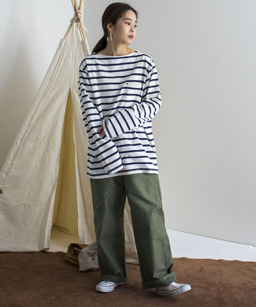 GEVACO（ゲバコ）の「【GEVACO/ゲバコ】オープンエンド度詰め天竺 ボーダー長袖ボートネックTシャツ（Tシャツ/カットソー・メンズ・ホワイト×ブルー/ホワイト×ネイビー/ネイビー×ホワイト・SMALL/MEDIUM/LARGE）」の7枚目の写真