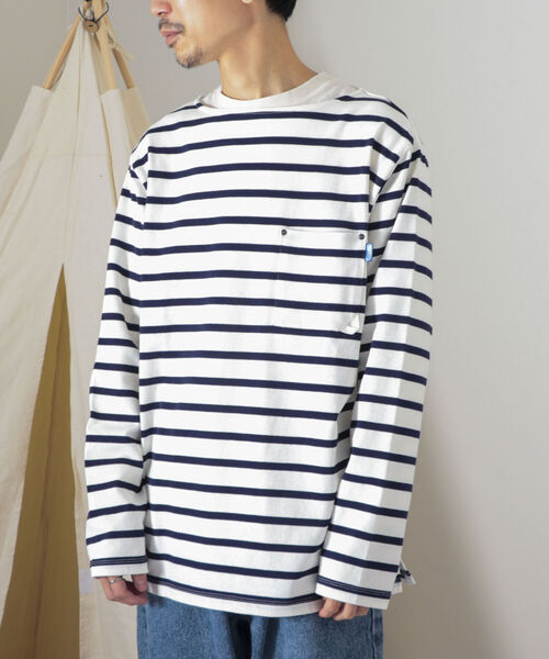GEVACO（ゲバコ）の「【GEVACO/ゲバコ】オープンエンド度詰め天竺 ボーダー長袖ボートネックTシャツ（Tシャツ/カットソー・メンズ・ホワイト×ブルー/ホワイト×ネイビー/ネイビー×ホワイト・SMALL/MEDIUM/LARGE）」の10枚目の写真
