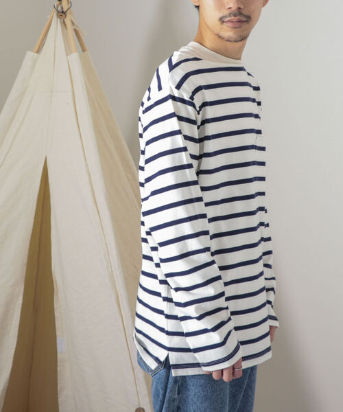 GEVACO（ゲバコ）の「【GEVACO/ゲバコ】オープンエンド度詰め天竺 ボーダー長袖ボートネックTシャツ（Tシャツ/カットソー・メンズ・ホワイト×ブルー/ホワイト×ネイビー/ネイビー×ホワイト・SMALL/MEDIUM/LARGE）」の16枚目の写真