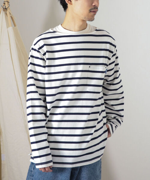GEVACO（ゲバコ）の「【GEVACO/ゲバコ】オープンエンド度詰め天竺 ボーダー長袖ボートネックTシャツ（Tシャツ/カットソー・メンズ・ホワイト×ブルー/ホワイト×ネイビー/ネイビー×ホワイト・SMALL/MEDIUM/LARGE）」の17枚目の写真