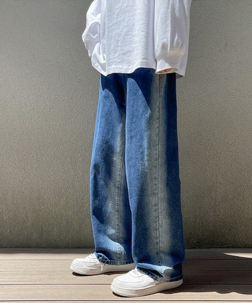 Ressaca（レサーカ）の「ハイウエスト ブリーチ加工 ワイドデニムパンツ（デニムパンツ・メンズ・ブラック/ブルー・S/M/L/XL/XXL）」の2枚目の写真