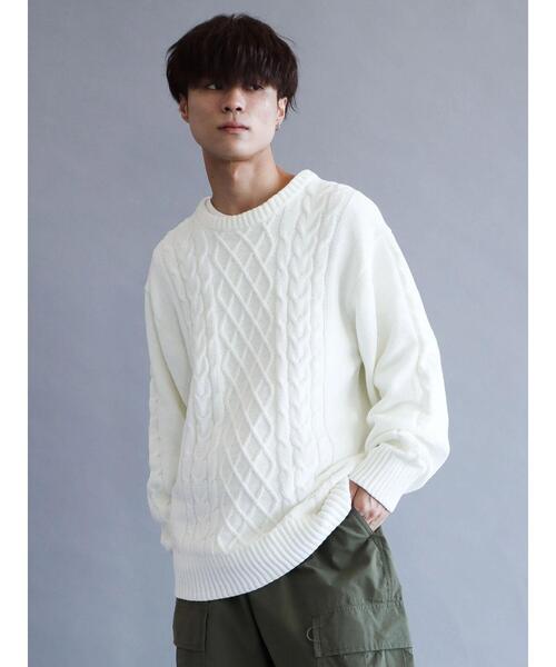 CRAFT STANDARD BOUTIQUE（クラフトスタンダードブティック）の「モールケーブル編みクルーネックニット（ニット/セーター・メンズ・ブラック/ブルーグリーン/グレイッシュベージュ/オフホワイト/チャコールグレー/グレー・M/L/LL）」の7枚目の写真