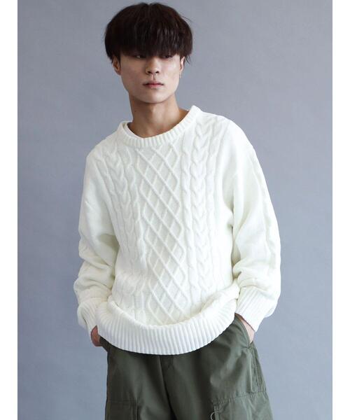 CRAFT STANDARD BOUTIQUE（クラフトスタンダードブティック）の「モールケーブル編みクルーネックニット（ニット/セーター・メンズ・ブラック/ブルーグリーン/グレイッシュベージュ/オフホワイト/チャコールグレー/グレー・M/L/LL）」の13枚目の写真