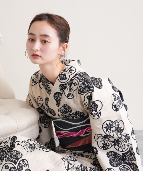 手染め注染浴衣3点セット utatane×注染工房 先染めベージュに黒モダン