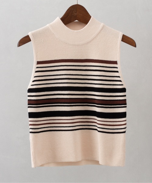 SpRay（スプレイ）の「マルチボーダーハイネックタンク（タンクトップ・レディース・グレイッシュベージュ/ブラック/カーキ/モカ/ベージュ・FREE）」の4枚目の写真