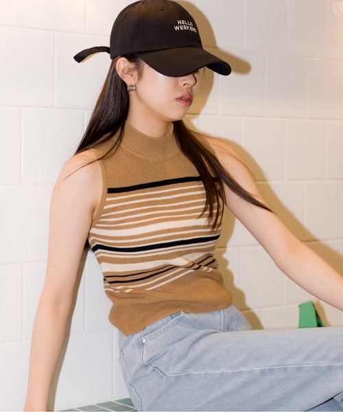 SpRay（スプレイ）の「マルチボーダーハイネックタンク（タンクトップ・レディース・グレイッシュベージュ/ブラック/カーキ/モカ/ベージュ・FREE）」の12枚目の写真