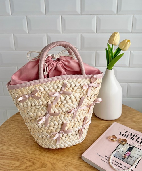 Loueme（ルエム）の「メニーリボン巾着バスケットバッグ（かごバッグ・レディース・ピンク/ライトブルー/ブラック・FREE）」の3枚目の写真