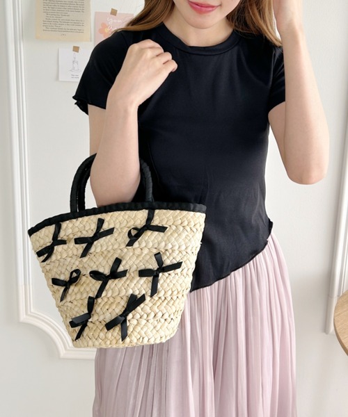 Loueme（ルエム）の「メニーリボン巾着バスケットバッグ（かごバッグ・レディース・ピンク/ライトブルー/ブラック・FREE）」の4枚目の写真