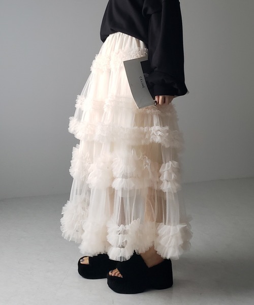 フリルボリュームスカート 8color 】シアーフリルレイヤードボリュームチュールスカート