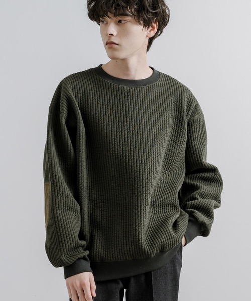 Upscape Audience アップスケープオーディエンス 日本製 国産 「尾州」コットンキルト エルボーパッチ クルーネック スウェット AUD6471