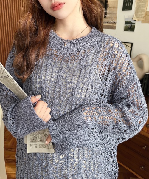 moment+（モーメントプラス）の「ボタニカル柄透かし編みニットプル