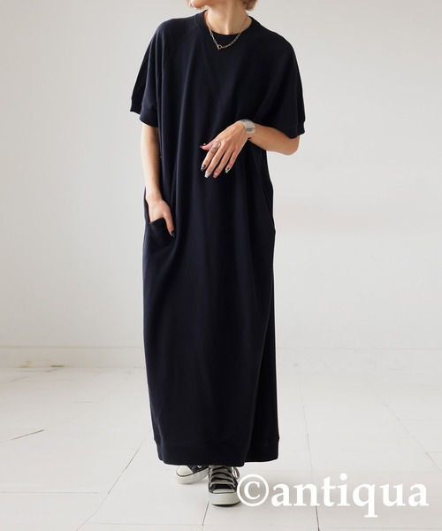 antiqua(アンティカ)の「半袖 綿100 裏毛 ロング ワンピース(ワンピース・レディース・カーキ/ブラック/杢グレー/スミクロ・TL/FREE)」の10枚目の写真