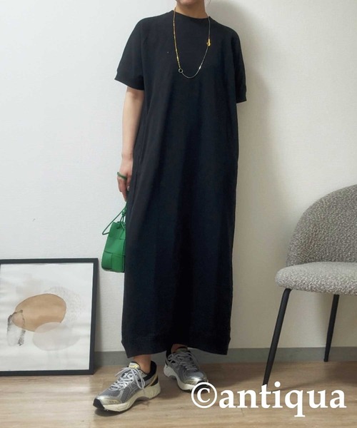 ふるさと納税 和泉市 【ANTIQUA/アンティカ】裏毛ロングワンピース 半袖 杢グレー(PYA-00010-14-F) ANTIQUA/アンティカ】裏毛ロングワンピース 半袖 杢グレー(PYA